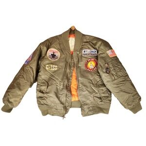 Kids Aviator Jacket Bomber MA1 Style Green Patches F18 Apache C130 US Flag 8/10